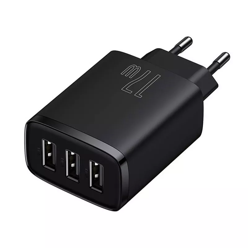 Carregador rápido compacto Baseus, 3x USB, 17 W (Preto)