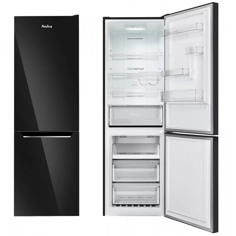 Amica FK3506D.2F(E) combinado, congelador em baixo, 226 l frigorífico + 96 l congelador, Total No Frost, classe energética E, preto