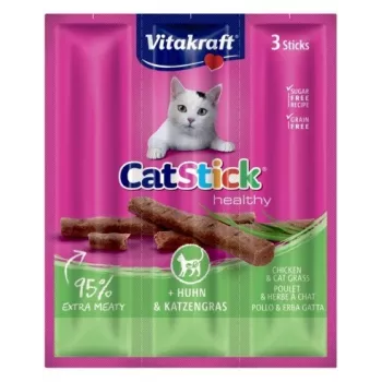 Snacks húmidos para gatos Vitakraft CatStick Mini frango com erva, 3 unid. — 18 g, sabor carnudo a frango, 28% humidade