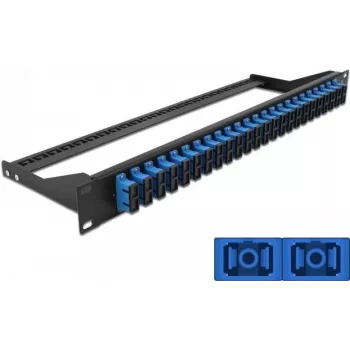 Painel de ligação DELOCK 43392 1U para fibra ótica SC, montagem em rack, 482,6 × 43,6 × 150 mm, preto/azul