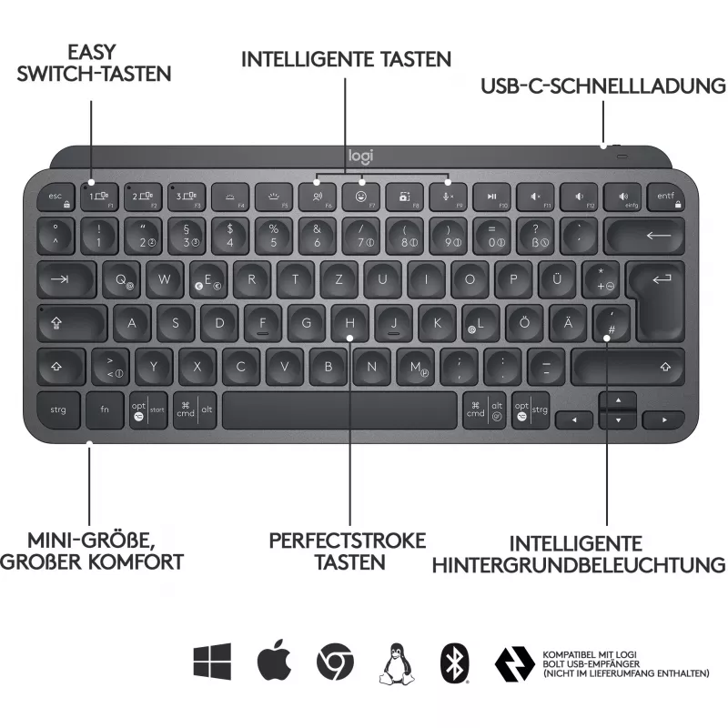 Logitech MX Keys Mini - Teclado - retroiluminado - Bluetooth - QWERTZ - Layout suíço - Graphite (920-010485)