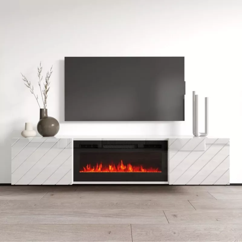 Móvel de TV cama meble LUXE 1826×345×375 mm branco brilhante com lareira elétrica preta incorporada (1400–1600 W)