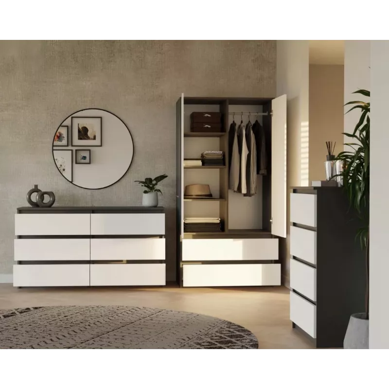Guarda-roupa top e shop MALWA SS-90, 90×180×50 cm, estrutura antracite, portas de batente brancas, 2 gavetas, laminado 16 mm