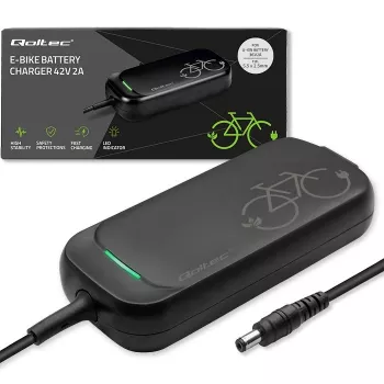 Carregador rápido Qoltec para trotinete elétrica e e-bike 36V | 42V | 2A | 5,5*2,5 | à prova de água + cabo de alimentação