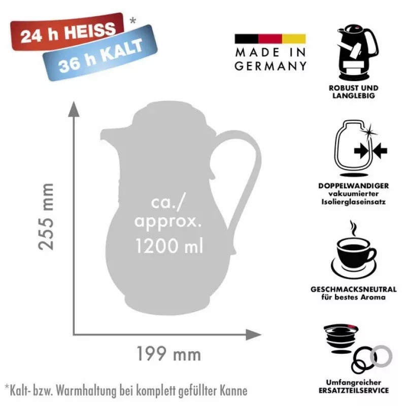 Garrafa térmica ROTPUNKT 1,2 L, marfim — 24 h quente / 36 h frio, com pega, 199×255 mm