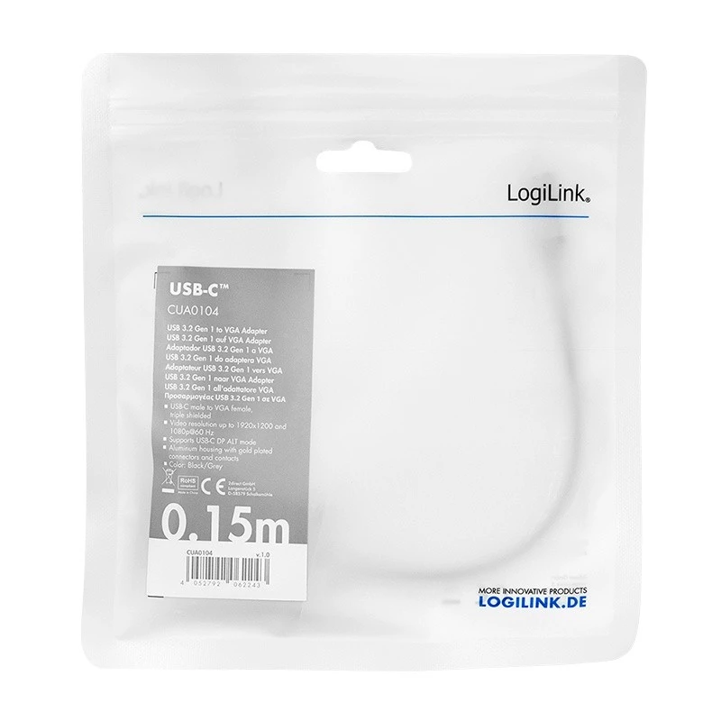 Cabo adaptador de vídeo USB Type-C para VGA (D-Sub) LOGILINK CUA0104 0,15 m, cinzento/preto