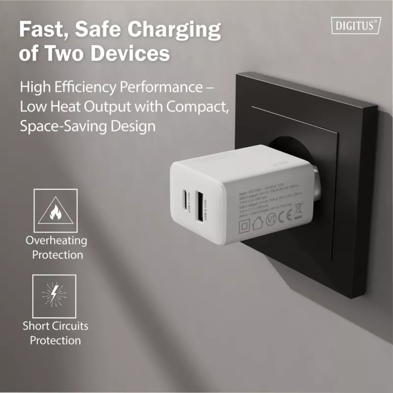 Carregador USB de parede DIGITUS 20W, 1x USB-C, 1x USB-A, entrada 100–240V, branco