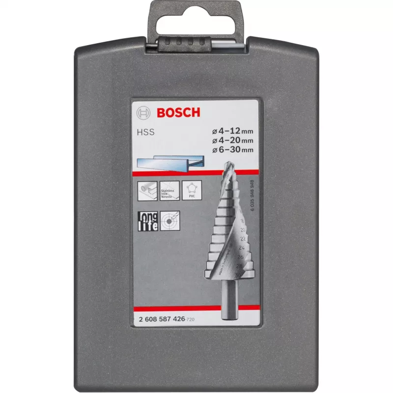 Conjunto de brocas escalonadas Bosch HSS com encabadouro de 3 faces para alumínio e plástico