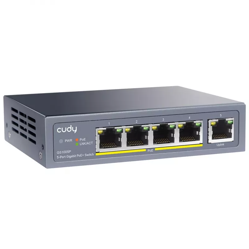 Switch de rede Cudy GS1005P — 5 portas Gigabit Ethernet com 4 portas PoE, 60 W de potência total, caixa metálica, montável em rack