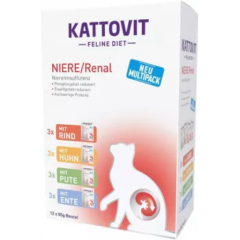 Comida húmida para gatos KATTOVIT Rim/Renal saco 85 g – 12 x 85 g, aves (vaca, frango, pato, peru) para gatos adultos com insuficiência renal