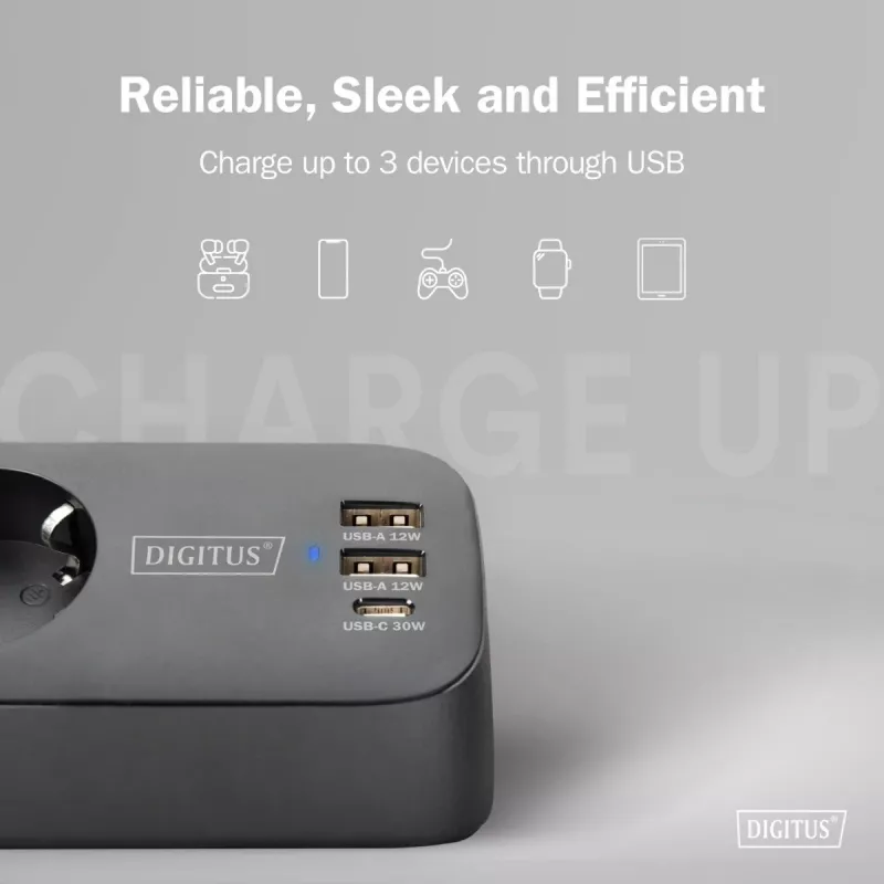 Extensão elétrica DIGITUS 3 tomadas com 2×USB-A & 1×USB-C, 3 tomadas AC tipo E/F, cabo de 1,5 m, preto