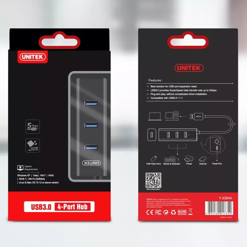 UNITEK Y-3089 Hub de interface USB 3.2 Gen 1 (3.1 Gen 1) Type-A 5000 Mbit/s preto