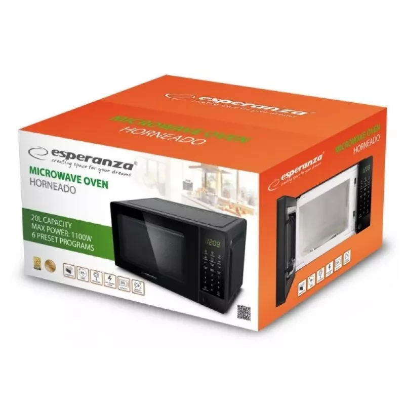 Esperanza EKO009 Horneado micro-ondas solo, de bancada, 700 W, 20 l, prato giratório de 24,5 cm, preto