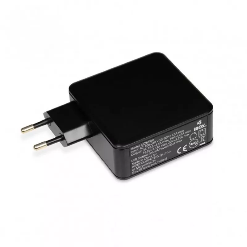 Fonte de alimentação para portátil IBOX IUZ65WA, AC/DC automático 100–240V → 18,5–20,5V, 65W, 1×USB, preto