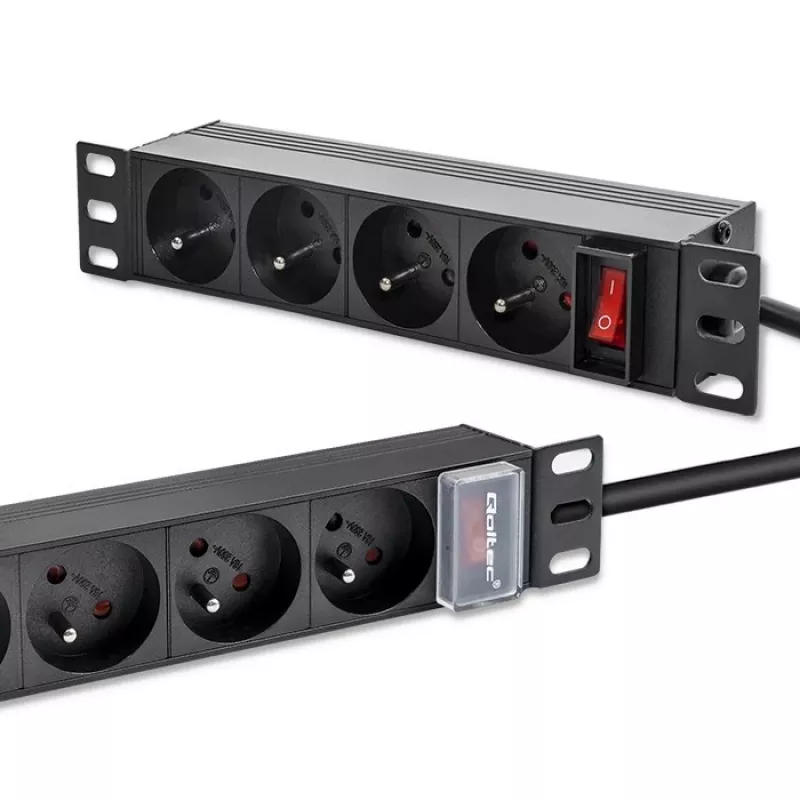 PDU de alumínio Qoltec para RACK 10'' | 1U | 16A | 4xFRANCESA | 1,8m