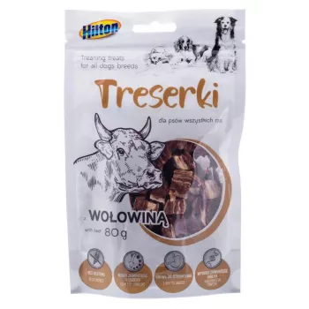 Guloseimas de treino para cães Hilton Treaning treats Beef 80 g — snacks de carne de vaca macios e fáceis de morder, proteína 42%, humidade 18%