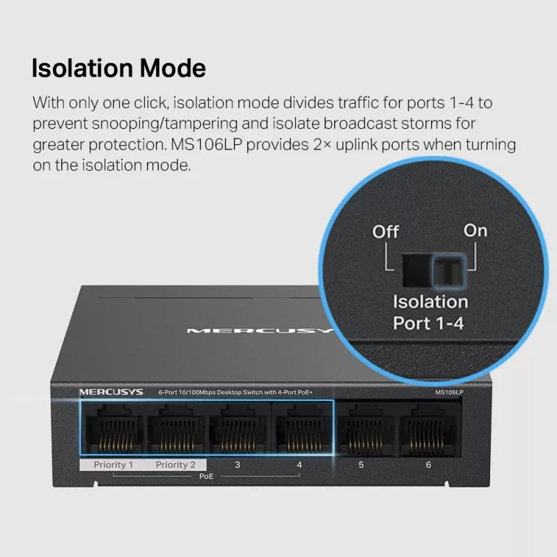 Switch de secretária Mercusys 6 portas 10/100Mbps com 4 portas PoE+