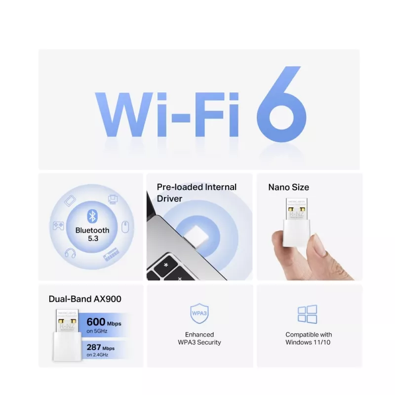 Adaptador WiFi USB MERCUSYS MA60XNB AX900 com Bluetooth 5.0