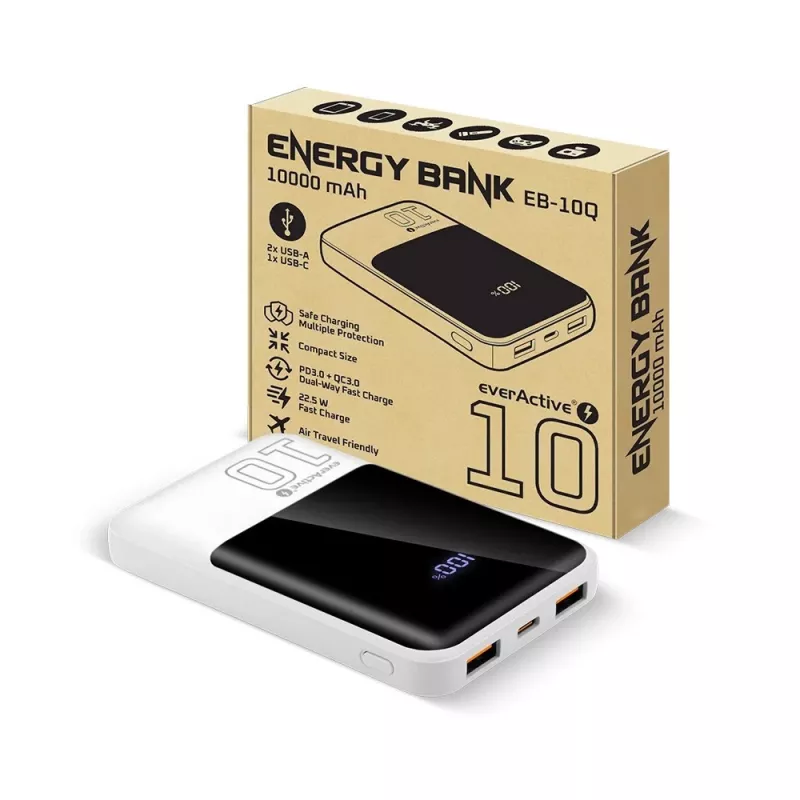 Powerbank everActive EB-10Q 10.000 mAh, 2× saídas USB, 22,5W QC4.0