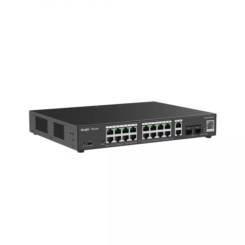 Ruijie Reyee RG-ES220GS-P switch PoE Gigabit L2 gerido, 20 portas (18x GE 10/100/1000, 16x PoE+, 2x SFP), 250 W, Cloud, preto