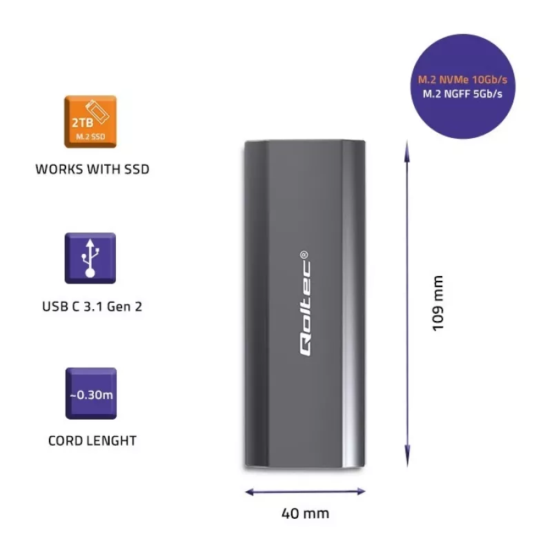 Caixa | compartimento NV2271 para disco M.2 SSD | SATA | NVMe | USB-C | 2TB