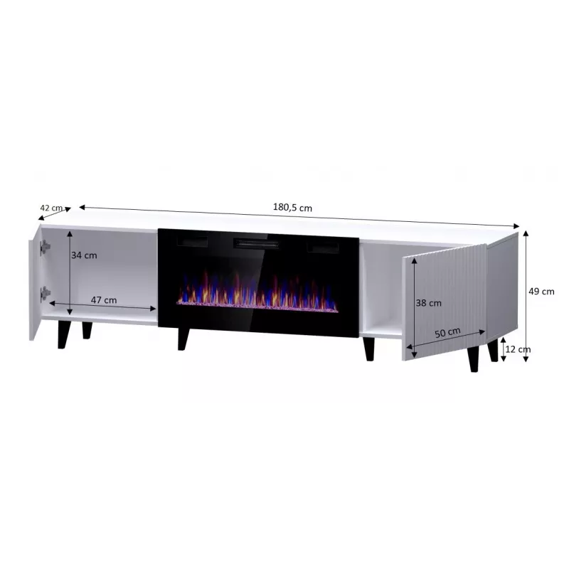 Móvel de TV Cama Meble PAFOS EF com lareira elétrica 180×42×49 cm, branco mate