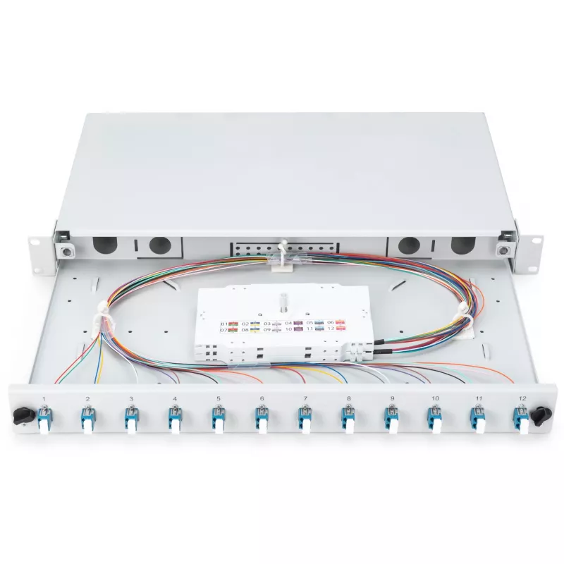 CAIXA DE FUSÃO DE FIBRA ÓTICA LC OS2 1U 12XLC OS2 PIGTAILS ACOPLADOR