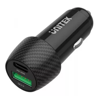 Carregador para automóvel Unitek P1400A com USB-C e USB-A, 38W, Quick Charge 3.0, entrada 12–24V, preto