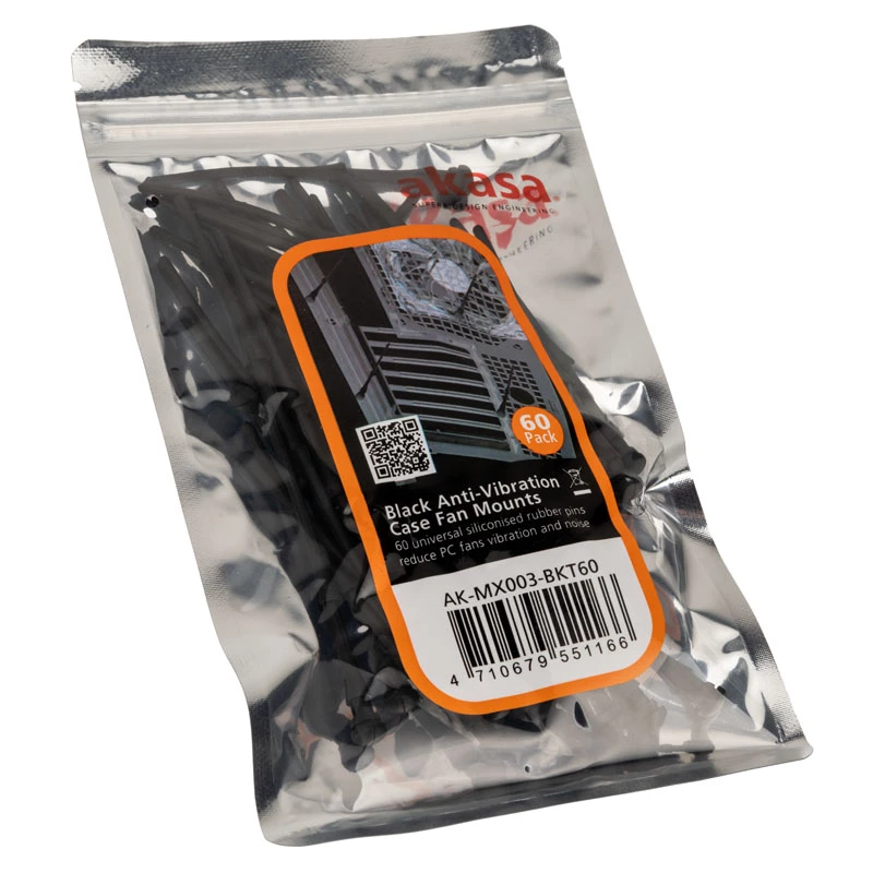 Fixações antivibração para ventoinha Akasa AK-MX003-BKT60 — conjunto de 60 fixações pretas para ventoinhas de arrefecimento de PC