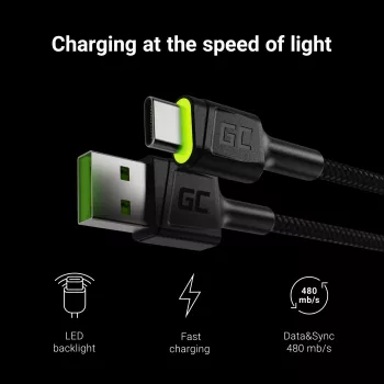 Cabo USB Green Cell KABGC06 1,2 m USB A USB C preto