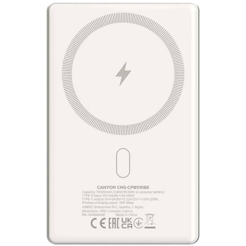 Canyon OnCharge 510 - Powerbank - 10.000 mAh - entrada USB-C - saída USB-C PD 20W + Wireless Magnet