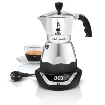 Cafeteira Moka elétrica BIALETTI 3 chávenas Moka Timer, ecrã LED programável, caixa de alumínio, reservatório da cafeteira