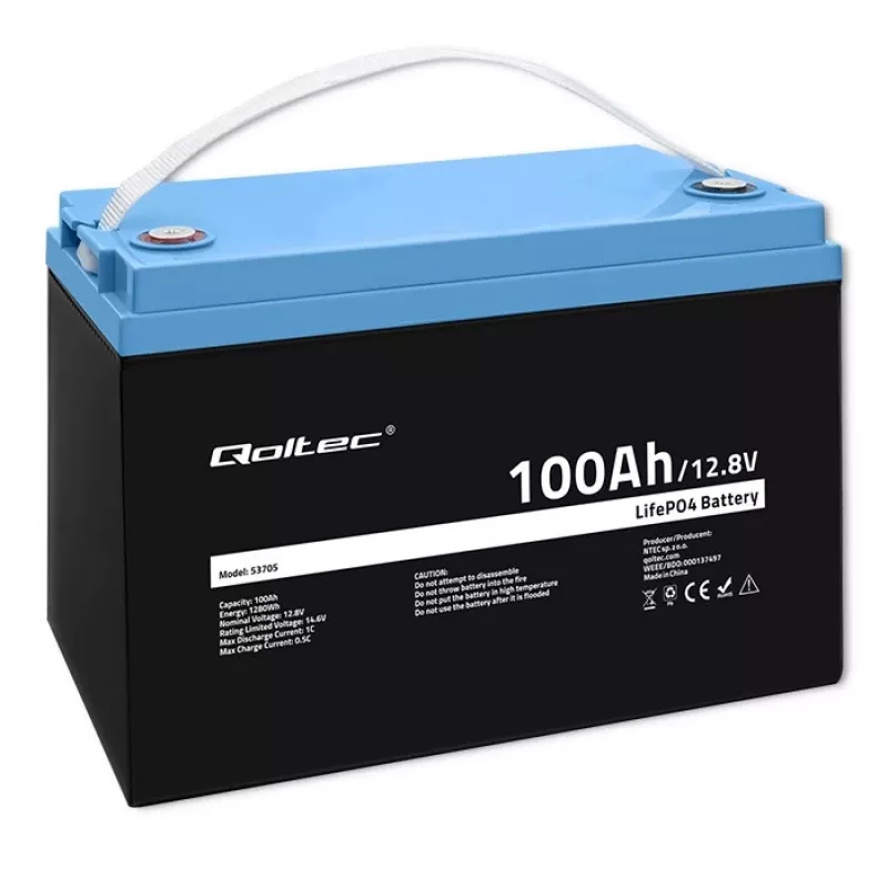 Bateria Qoltec 53705 de fosfato de ferro e lítio 100 Ah 12,8 V