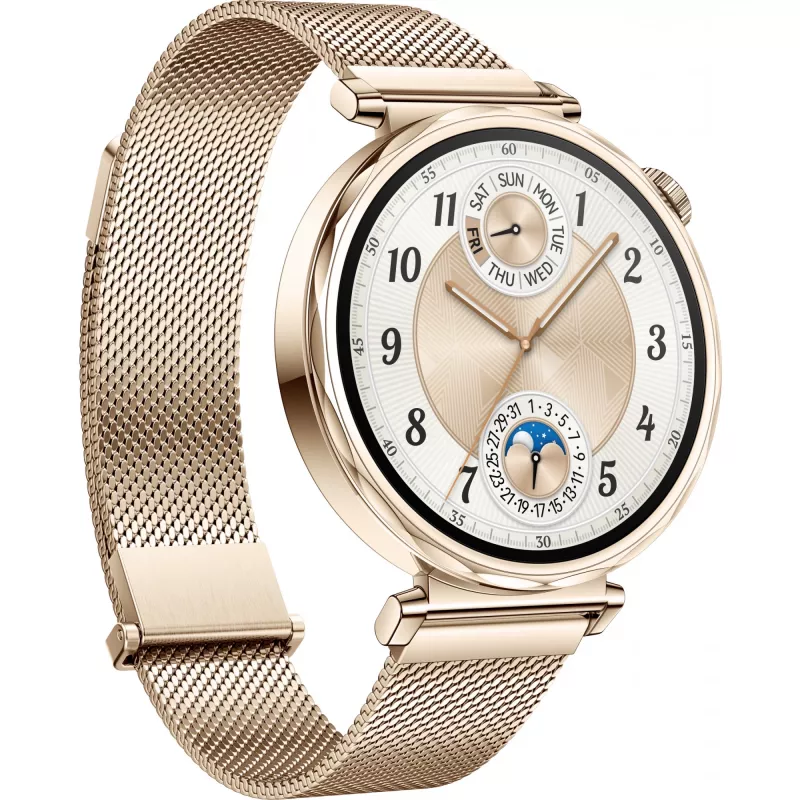 Smartwatch HUAWEI WATCH GT5 41 mm – 1,32 polegadas AMOLED, 466×466, 323 mAh, caixa em aço inoxidável, bracelete dourada