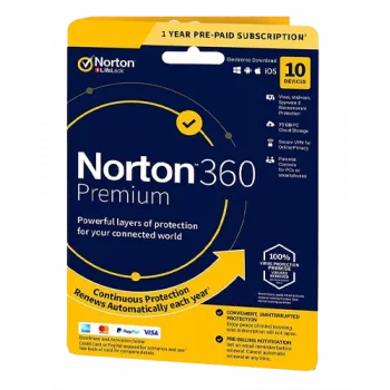 Norton 360 Premium | 10 dispositivos | 1 ano | 75 GB de armazenamento na nuvem | UE | NON SUB |