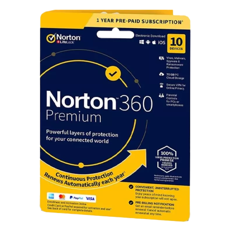 Norton 360 Premium | 10 dispositivos | 1 ano | 75 GB de armazenamento na nuvem | UE | NON SUB |
