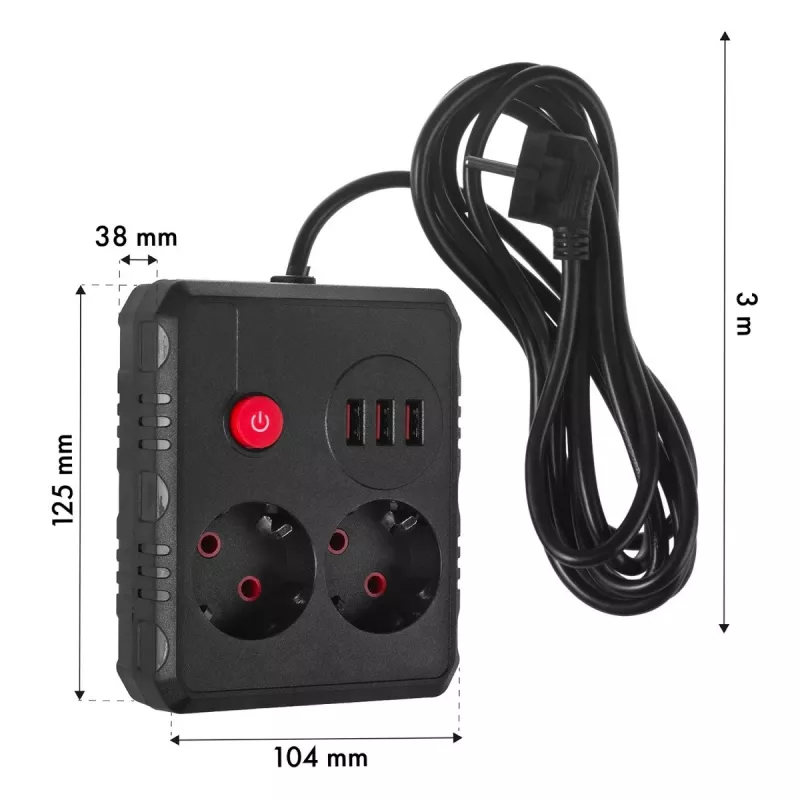 Extensão Maclean MCE388 B, 2 tomadas, 3x USB, 110-240 V, 2500 W, 3 m, preta