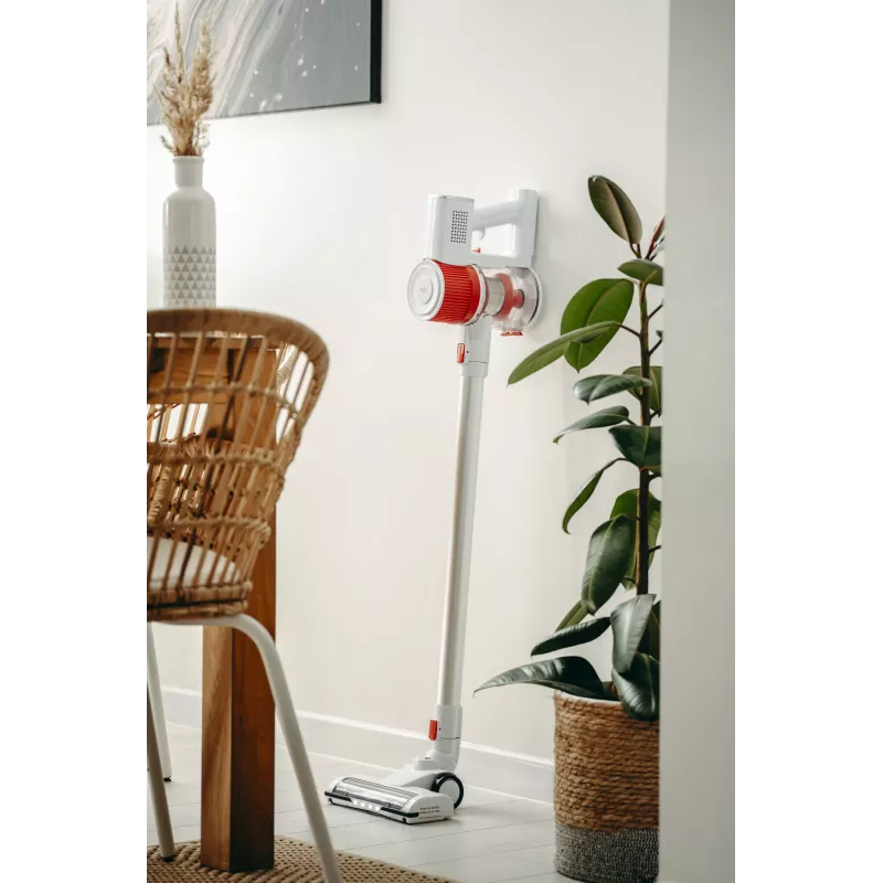 Aspirador com bateria Adler AD 7051 — 300 W máx., bateria 22,2 V, 0,6 L sem saco, tubo de aço inoxidável, EPA F8, luz LED, branco/vermelho