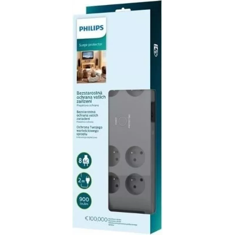 Proteção contra sobretensões Philips SPN3180A/60 – 8 tomadas, cabo de 2,0 m