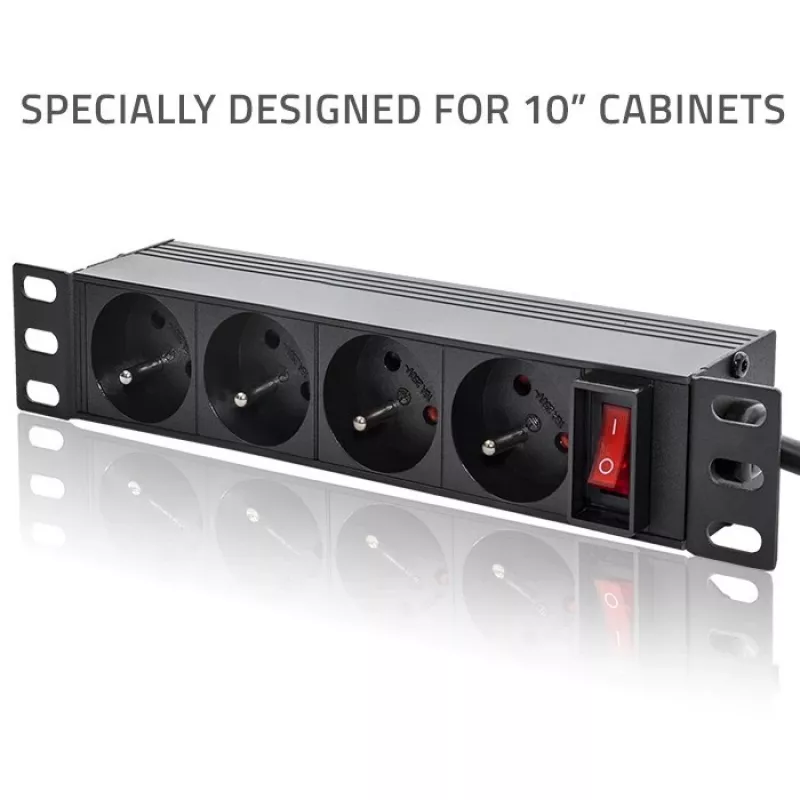PDU de alumínio Qoltec para RACK 10'' | 1U | 16A | 4xFRANCESA | 1,8m