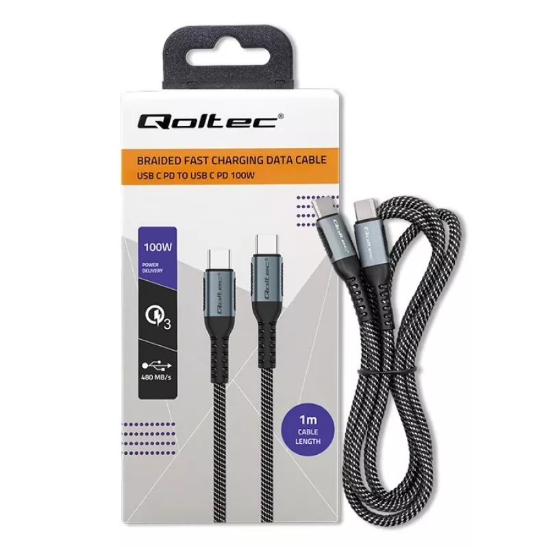 Cabo Qoltec USB 2.0 Type-C para USB 2.0 Type-C 100W QC 3.0 PD 1m Preto