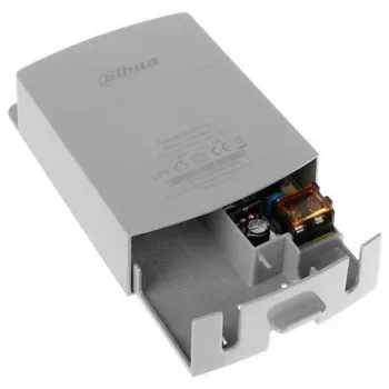 Fonte de alimentação DAHUA PFM300 — para câmaras, entrada 180–264 V 50–60 Hz, compacta 37 × 88 × 138 mm, cinzento