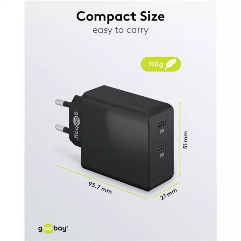 Carregador de interior Goobay 61757 Carregamento rápido USB Type-C 2 Portas Preto