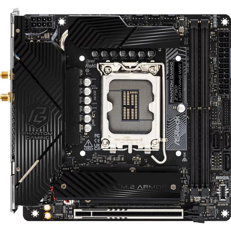 Placa-mãe ASRock Z790I LIGHTNING WIFI — Intel Z790, LGA 1700, Mini-ITX, DDR5 até 8600 MHz, 2x DIMM, Wi‑Fi 6E, 2.5Gb LAN, 2x M.2