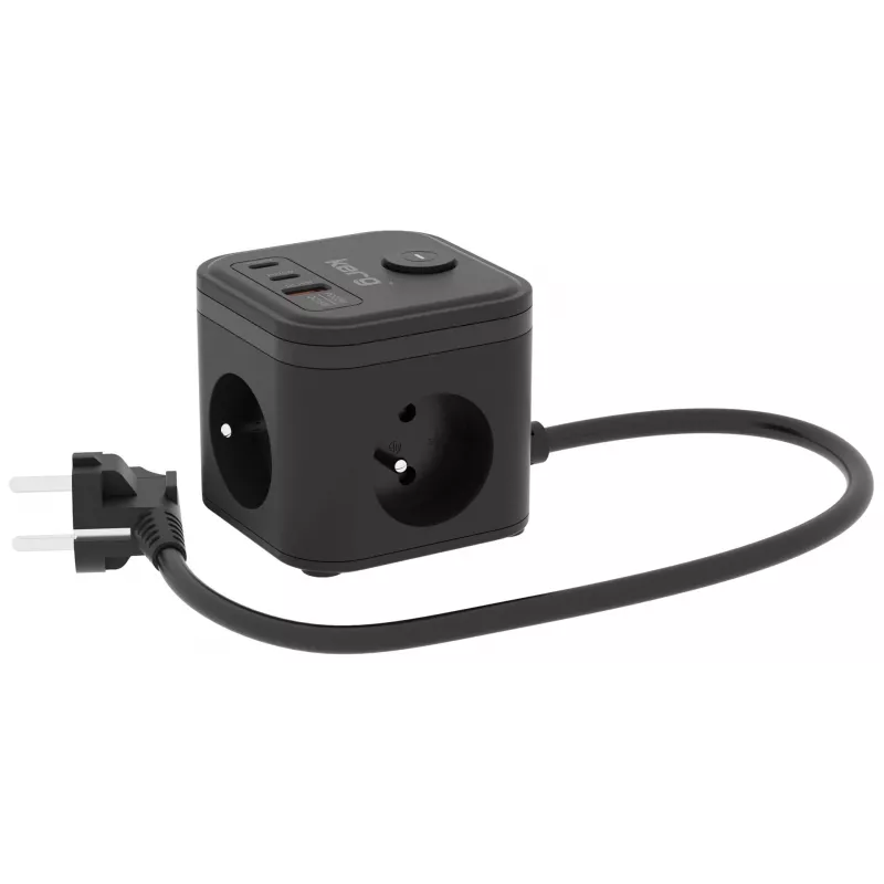 Extensão elétrica Kerg SMART – 3 tomadas AC tipo F com 3 USB (2×A + 1×C), cabo 1,5 m, 16 A 230 V, preto