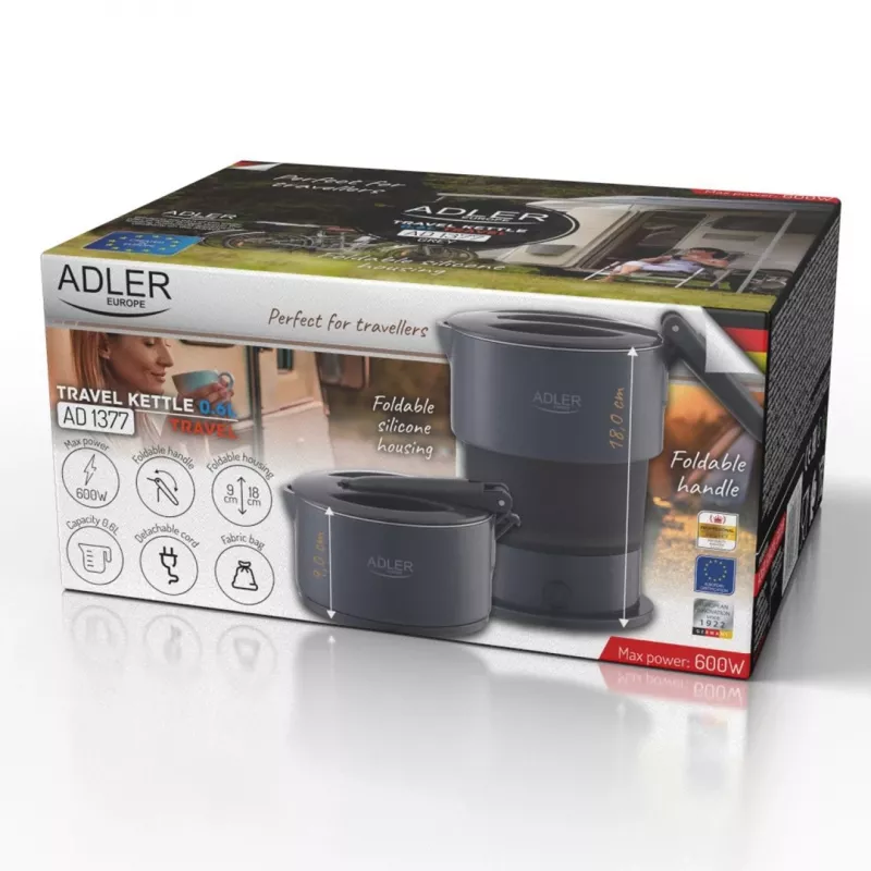 Chaleira elétrica Adler AD 1377G, capacidade 0,6 L, 600 W, cinzento, plástico/silicone/aço inoxidável