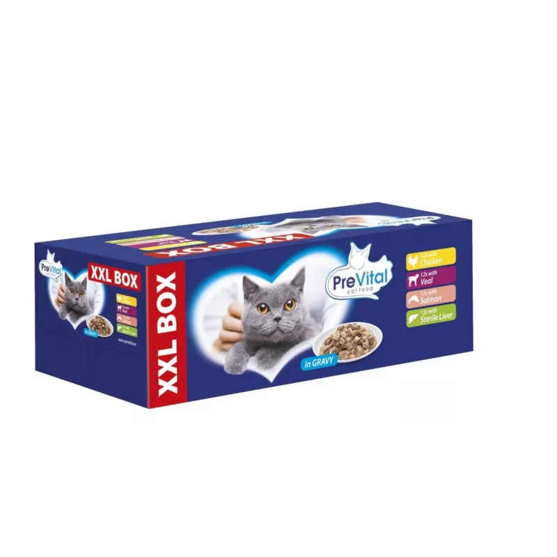 PREVITAL XXL BOX mix de sabores com frango, vitela, salmão e fígado em molho - Alimento húmido para gatos - 48 x 100 g