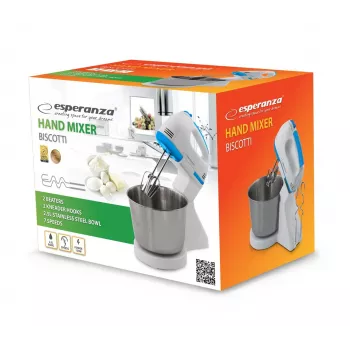 Batedeira ESPERANZA EKM019WB — 150 W, taça de 2,5 L, 7 velocidades, ganchos para amassar, batedores duplos, branco