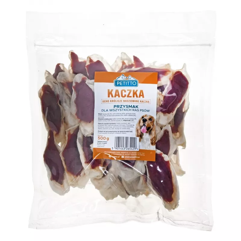 PETITTO Orelha de coelho recheada com pato snack para cães, 500 g