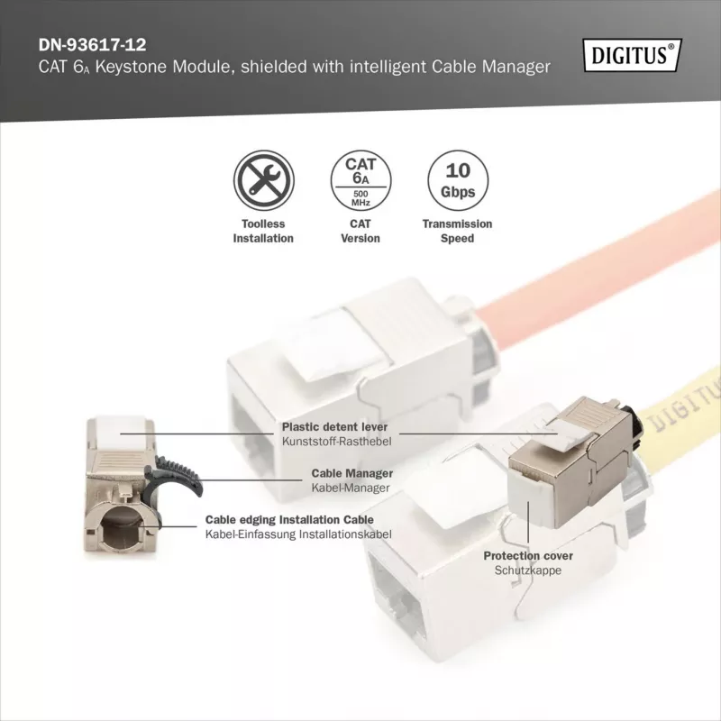 Digitus Módulo Keystone Cat.6A blindado com gestor de cabos inteligente, 12 pcs., prateado